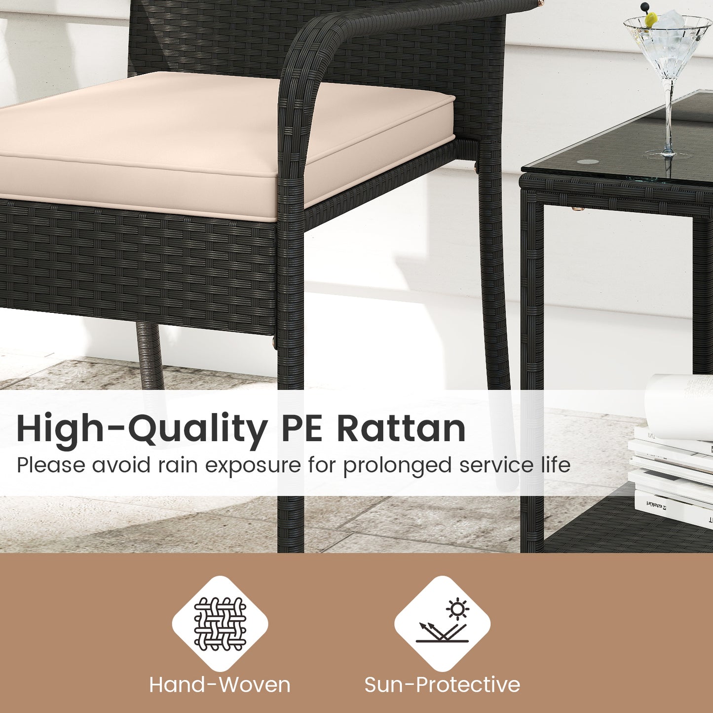 3 Piece Patio Furniture Set with Seat Cushions and Tempered Glass Tabletop, Beige Patio Conversation Sets at Gallery Canada