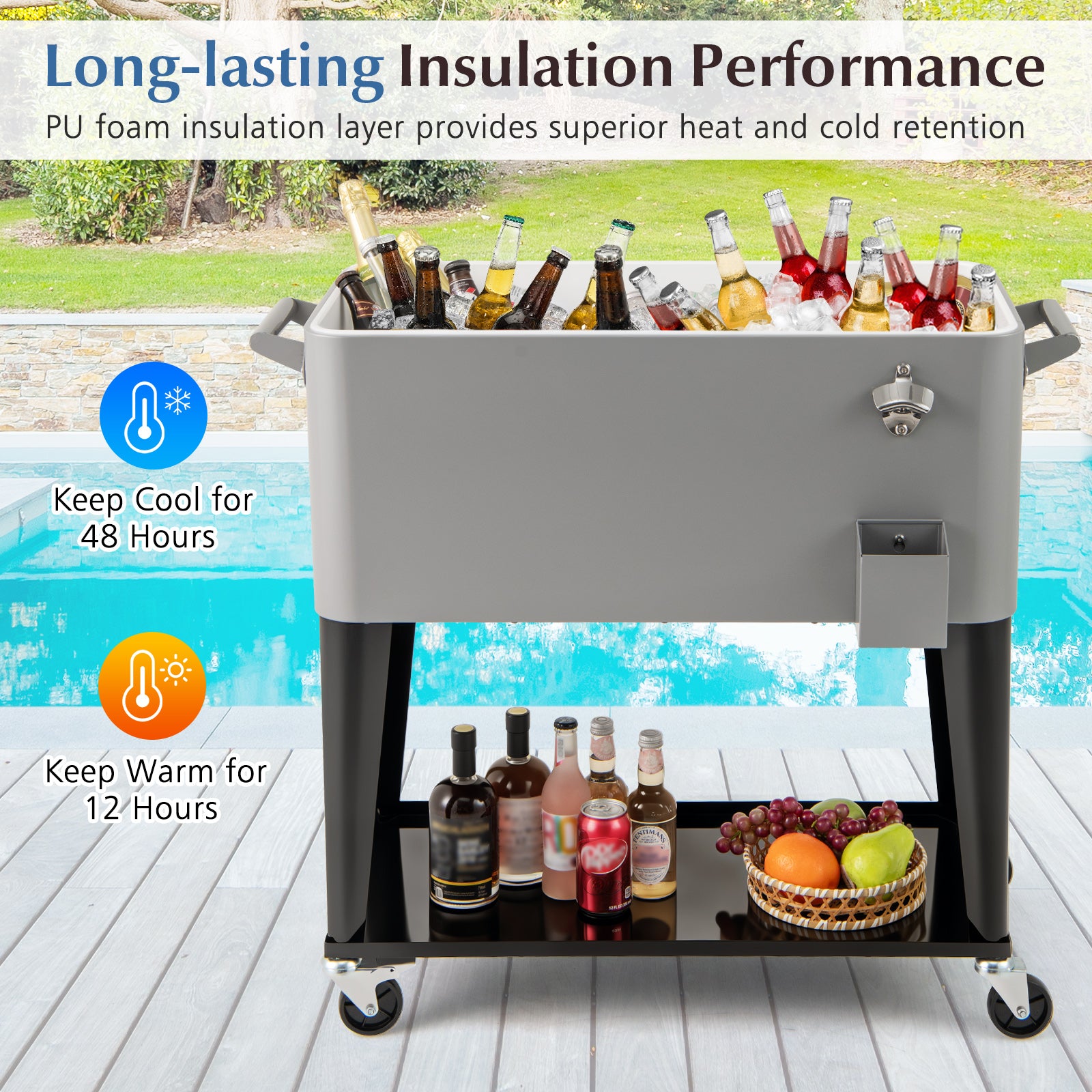 Portable Patio Cooler with Bottom Storage Shelf and Bottle Opener, Gray Coolers at Gallery Canada