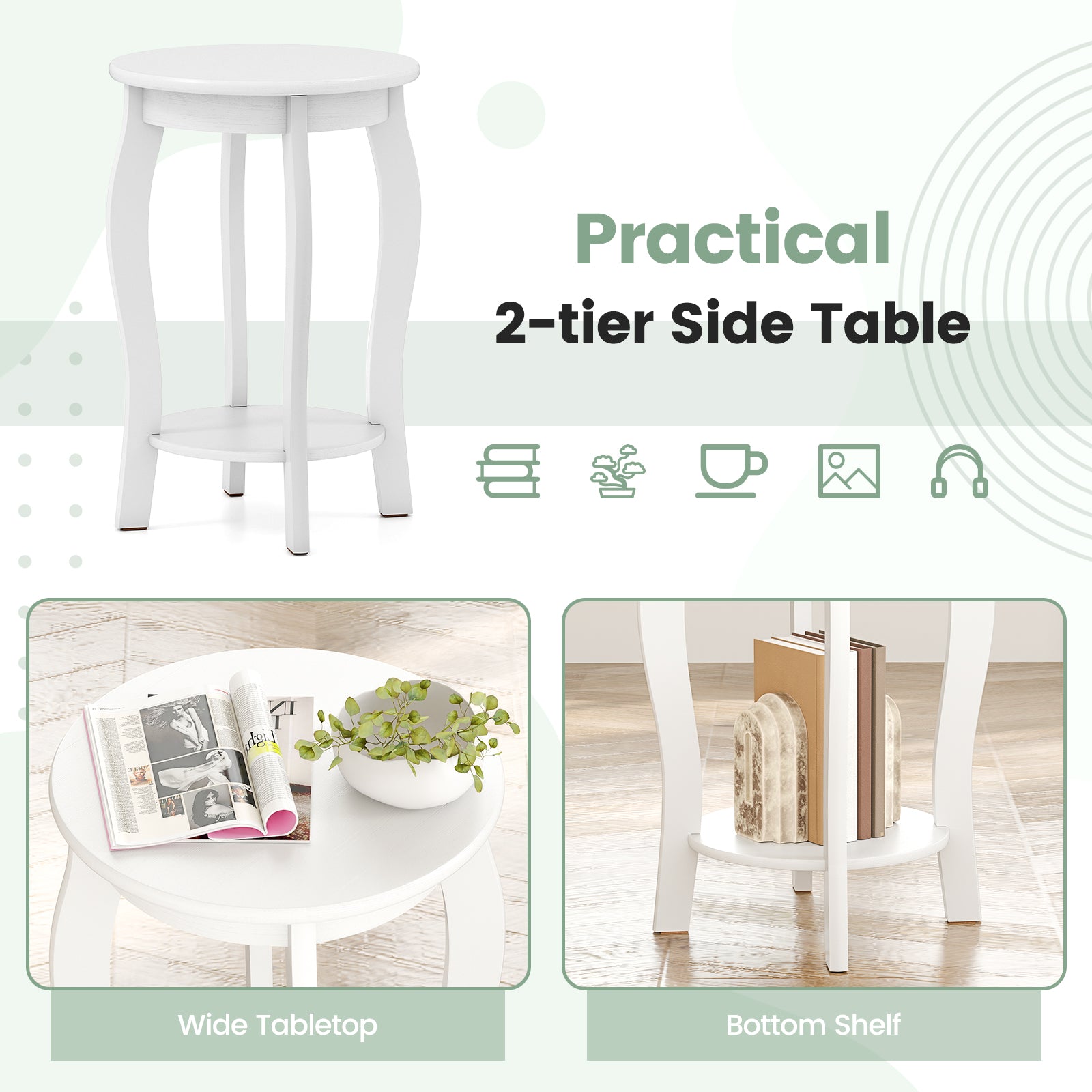 Set of 2 15 Inch 2-Tier Round End Table with Storage Shelf, White End & Side Tables at Gallery Canada