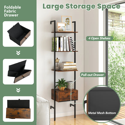 5-Tier Ladder Bookcase with Drawer and Metal Frame for Study Home Office, Rustic Brown Bookcases at Gallery Canada