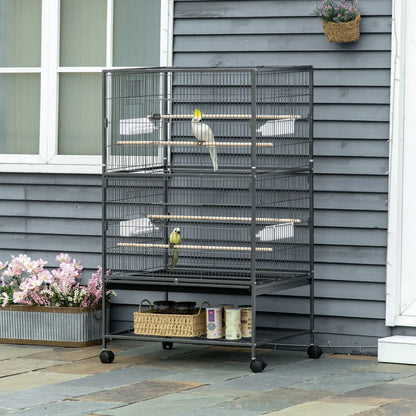 52'' Large Rolling Bird Cage, Storage Shelf, Wood Perch, Dark Grey Bird Cages at Gallery Canada