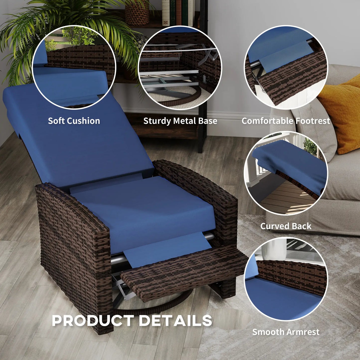 Outdoor Rattan Wicker Lounge Chair with Footrest &; Soft Cushion for Patio, Garden, Backyard, Dark Blue Patio Chairs at Gallery Canada