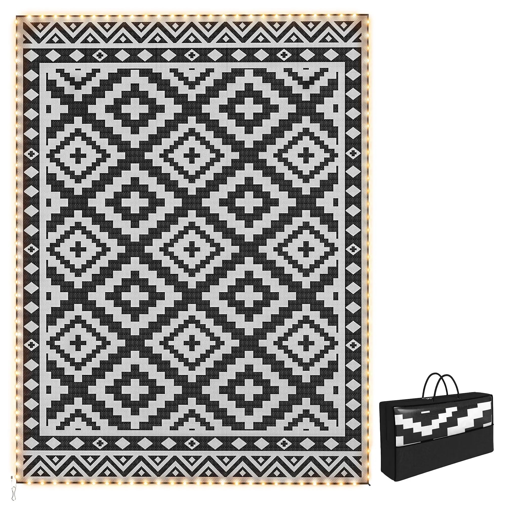 Reversible Plastic Straw Rug, LED Lights, 12' x 9' Outdoor Reversible Rugs Black, White at Gallery Canada