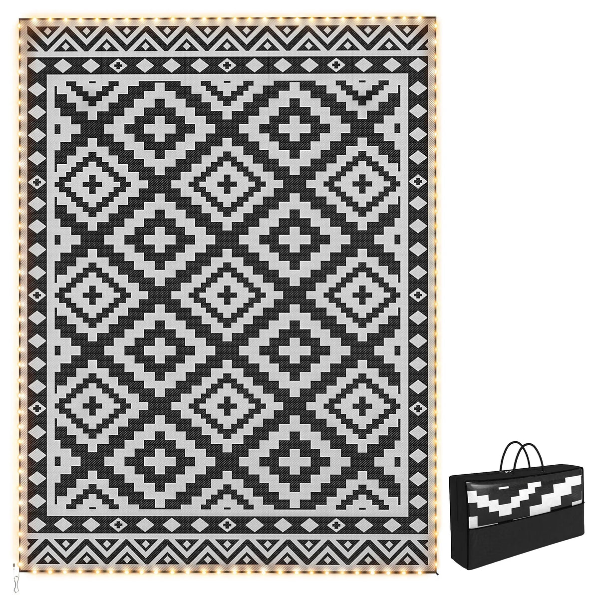 Reversible Plastic Straw Rug, LED Lights, 12' x 9' Outdoor Reversible Rugs Black, White at Gallery Canada