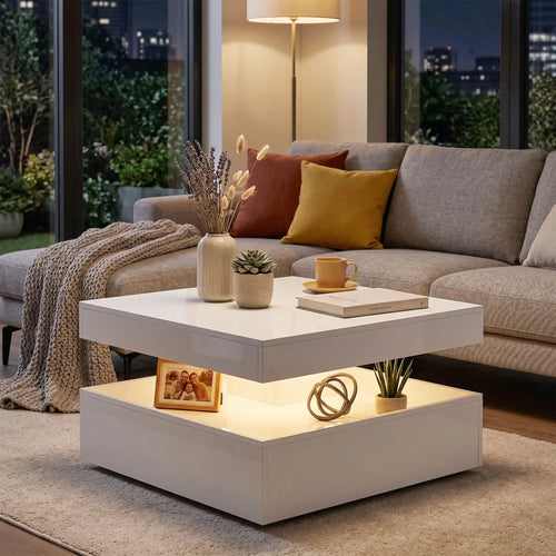 LED Coffee Table with Storage, 2-Tier Modern Center Table with Open Shelf and Remote for Living Room, High Gloss White