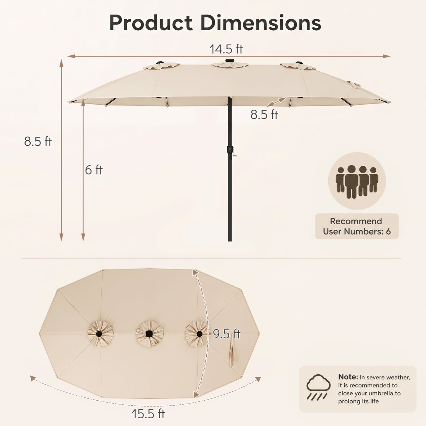 15.5FT Extra-Large Patio Umbrella, 12 Reinforced Metal Ribs, Beige