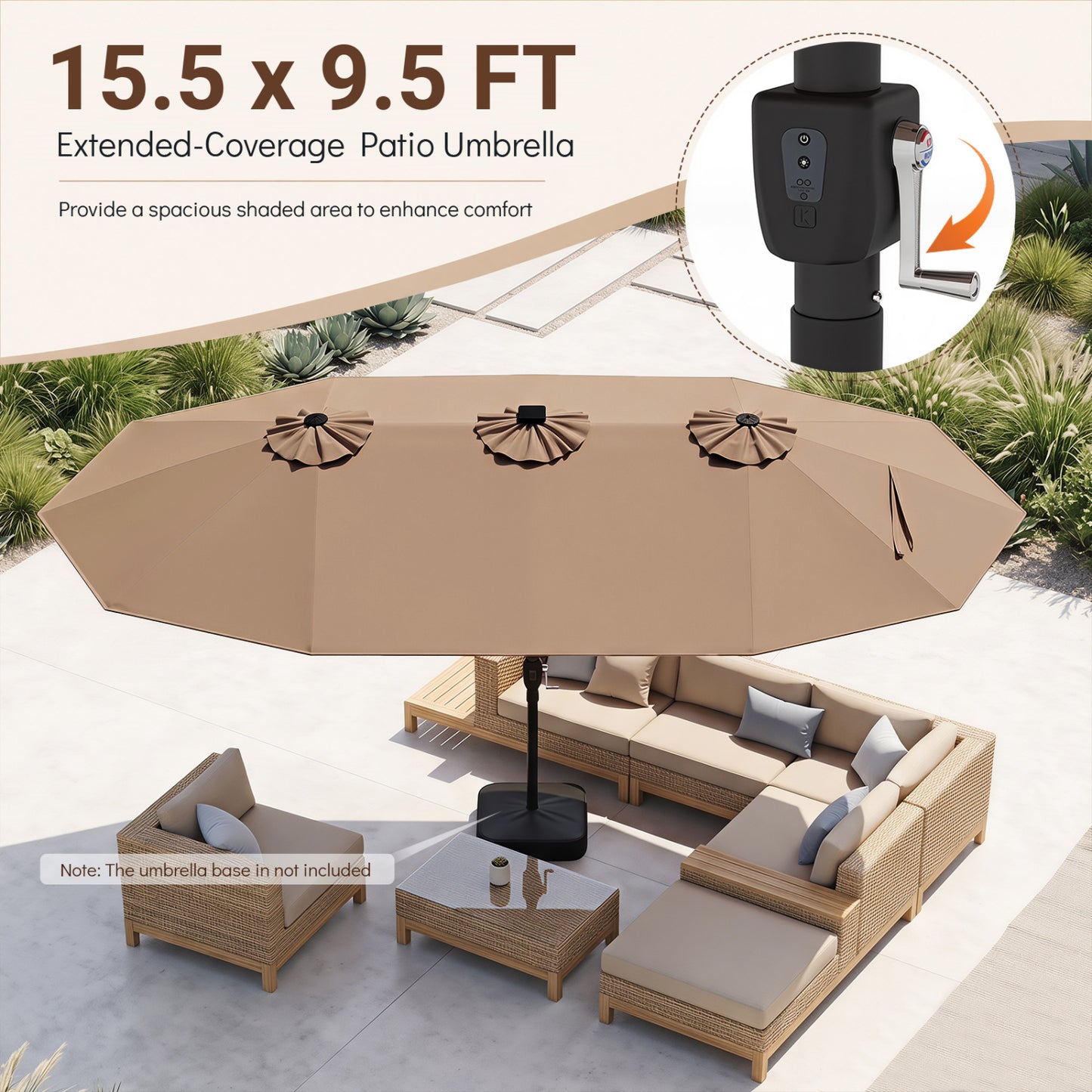 15.5FT Patio Umbrella, 12 Metal Ribs, Brown