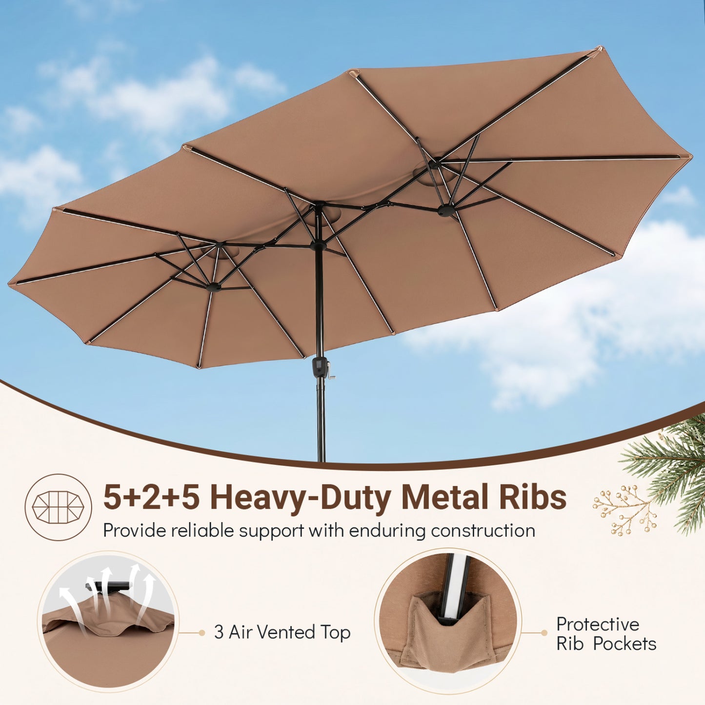 15.5FT Patio Umbrella, 12 Metal Ribs, Brown