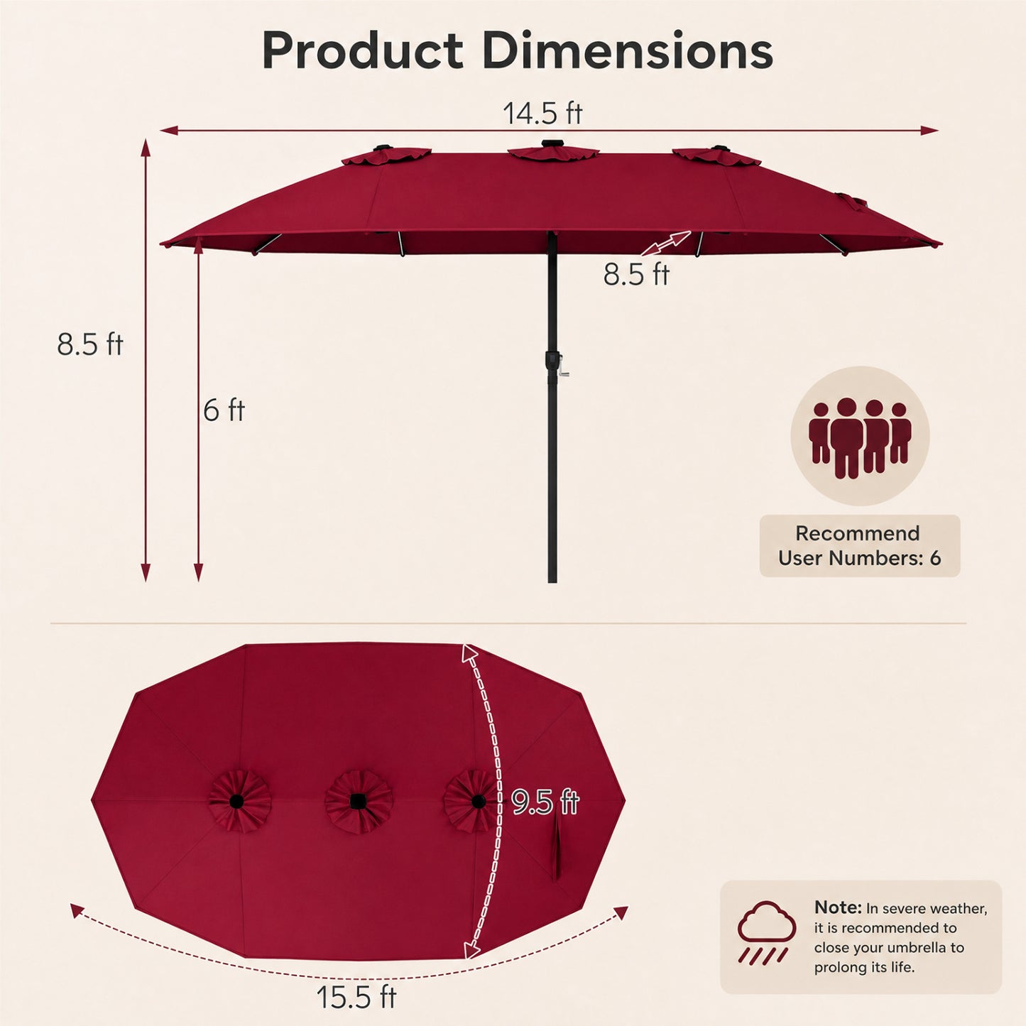 15.5FT Extra-Large Patio Umbrella, 12 Metal Ribs, Red