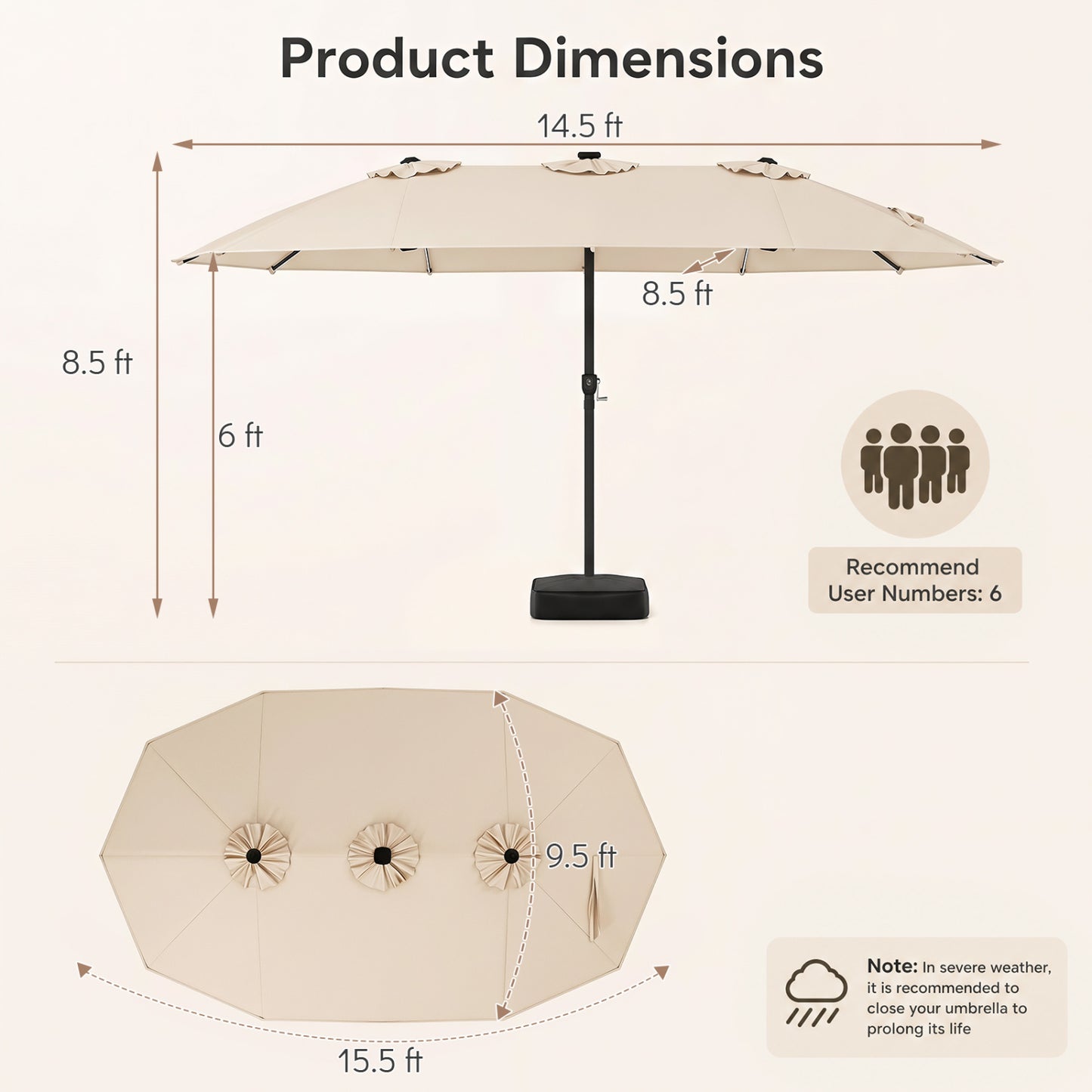 15.5FT Extra-Large Patio Umbrella, 12 Ribs, Beige