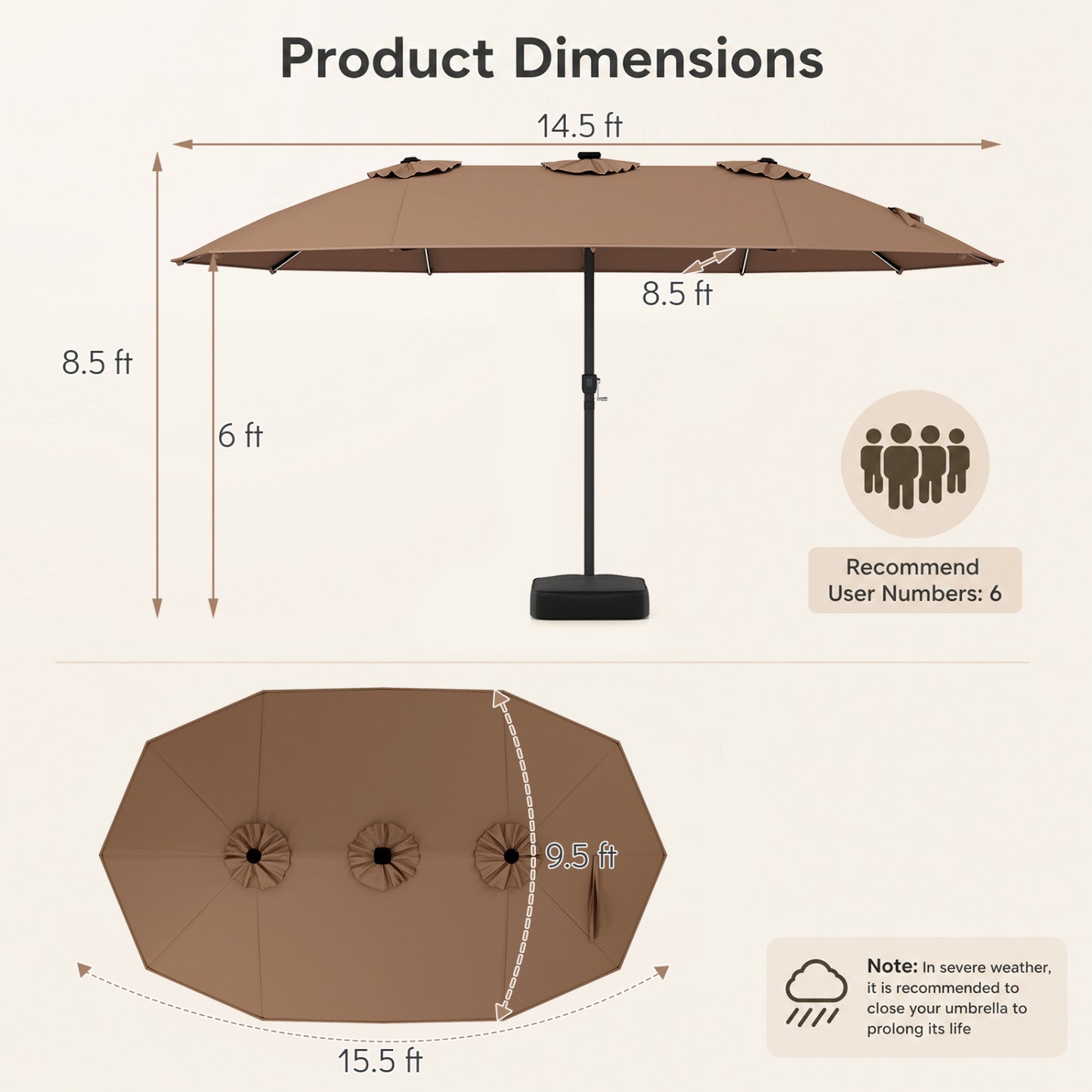 15.5FT Extra-Large Patio Umbrella, Brown