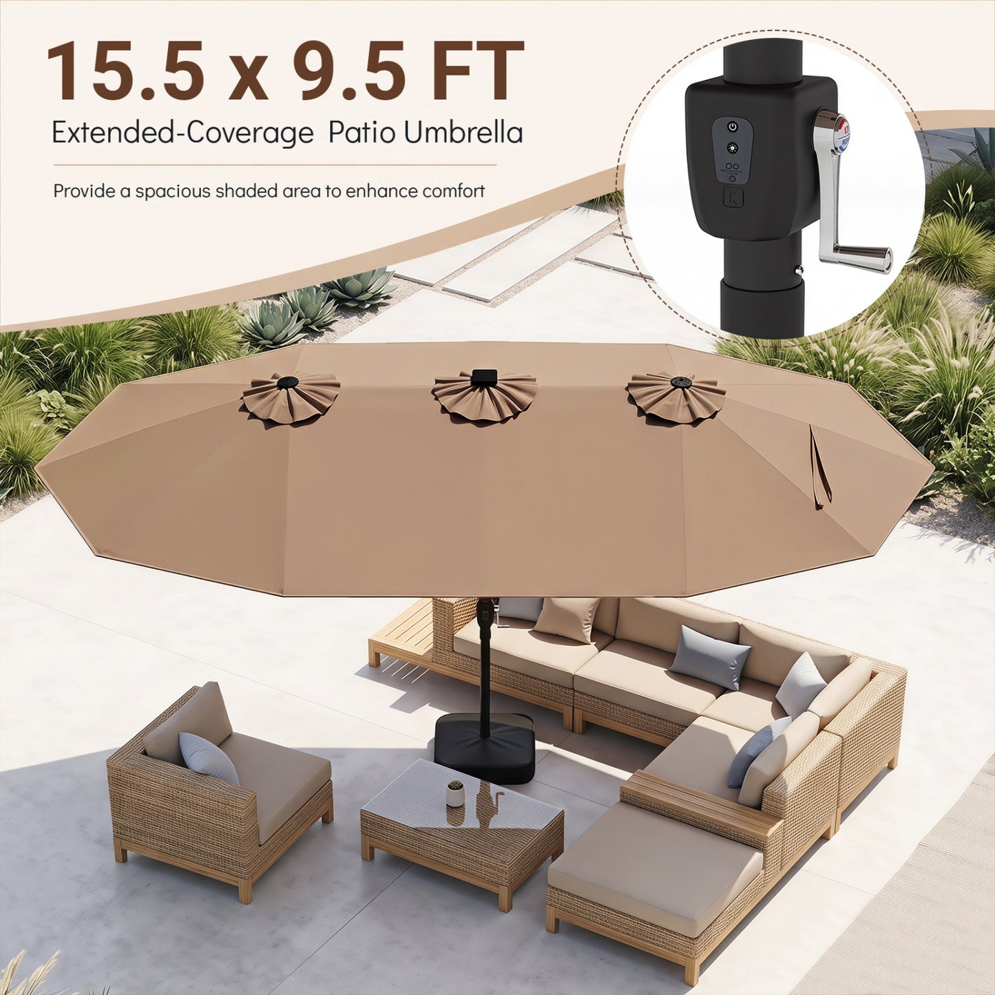 15.5FT Extra-Large Patio Umbrella, Brown