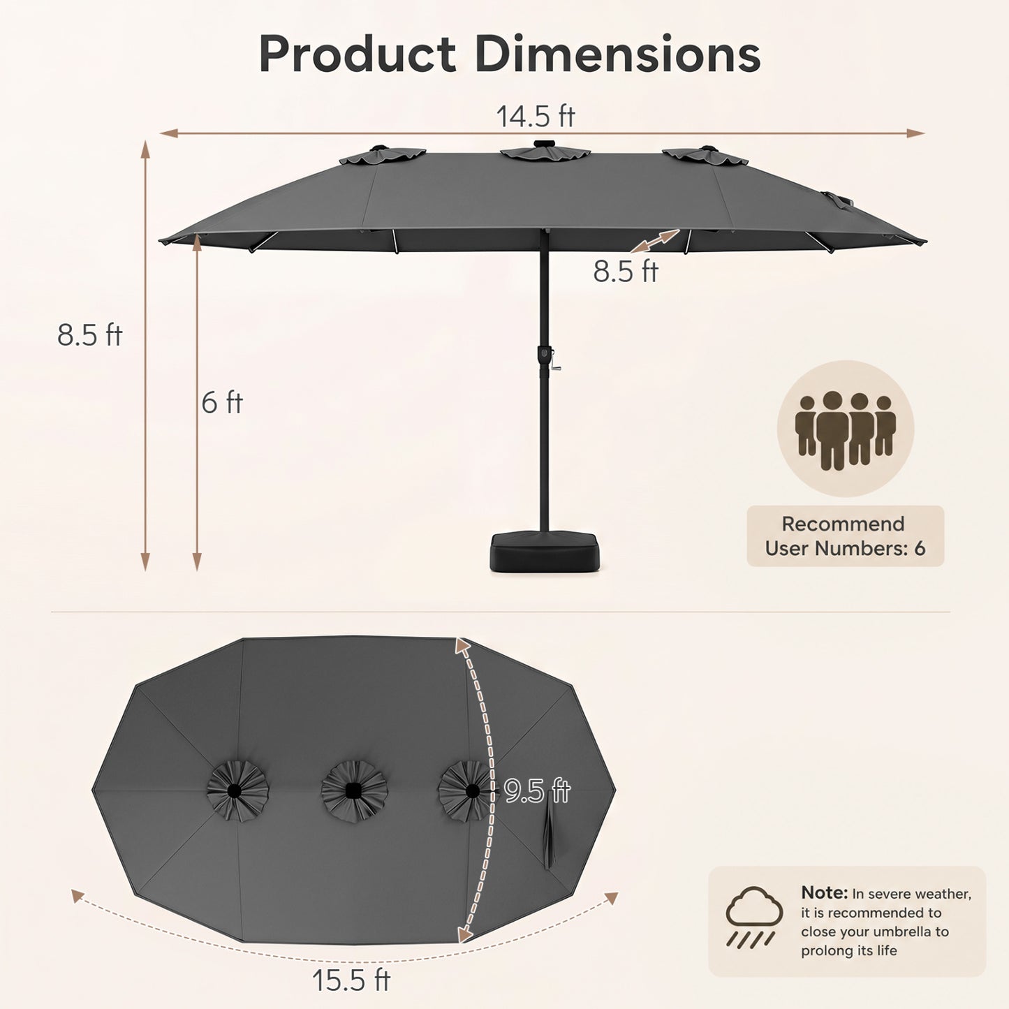 15.5FT Extra-Large Patio Umbrella, Gray