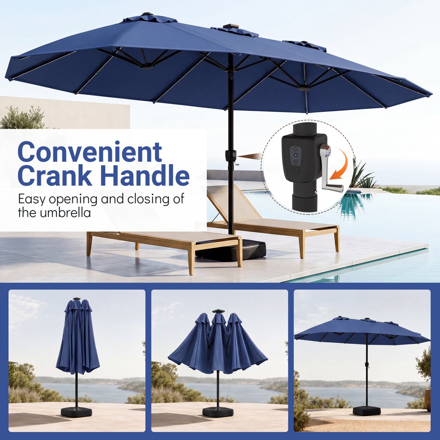 15.5FT Patio Umbrella With Base, 12 Ribs, Navy