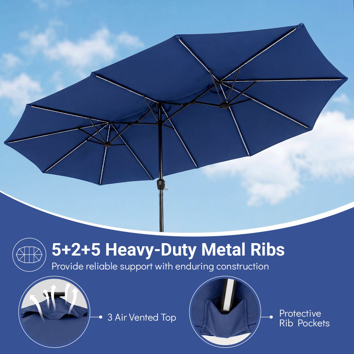 15.5FT Patio Umbrella With Base, 12 Ribs, Navy