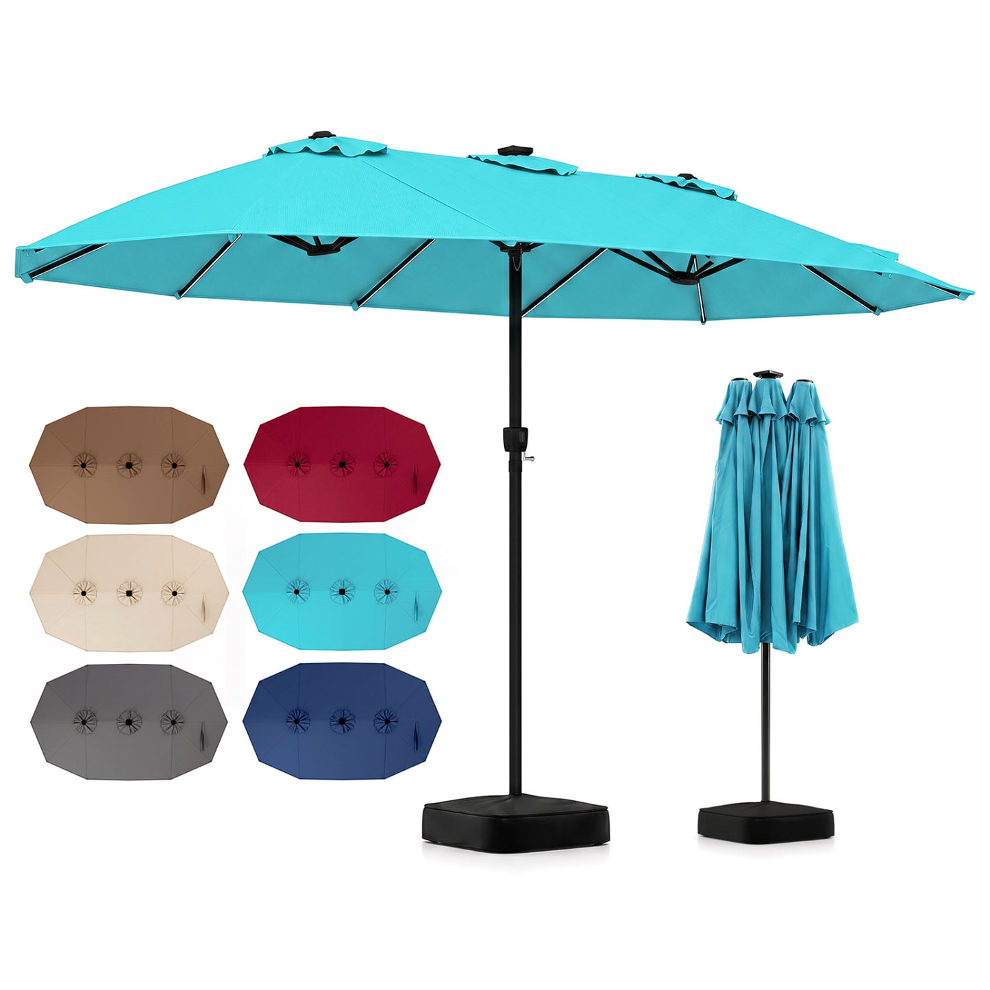 15.5FT Patio Umbrella With Base, 12 Ribs, Turquoise