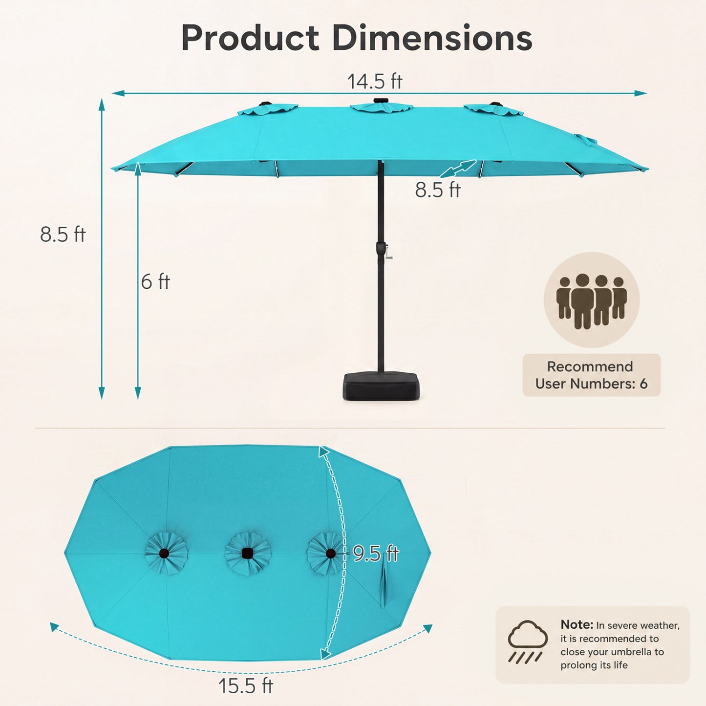 15.5FT Patio Umbrella With Base, 12 Ribs, Turquoise