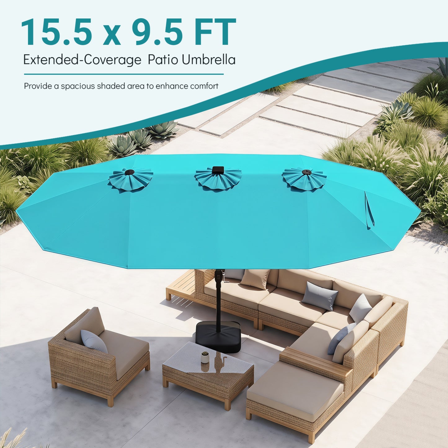 15.5FT Patio Umbrella With Base, 12 Ribs, Turquoise