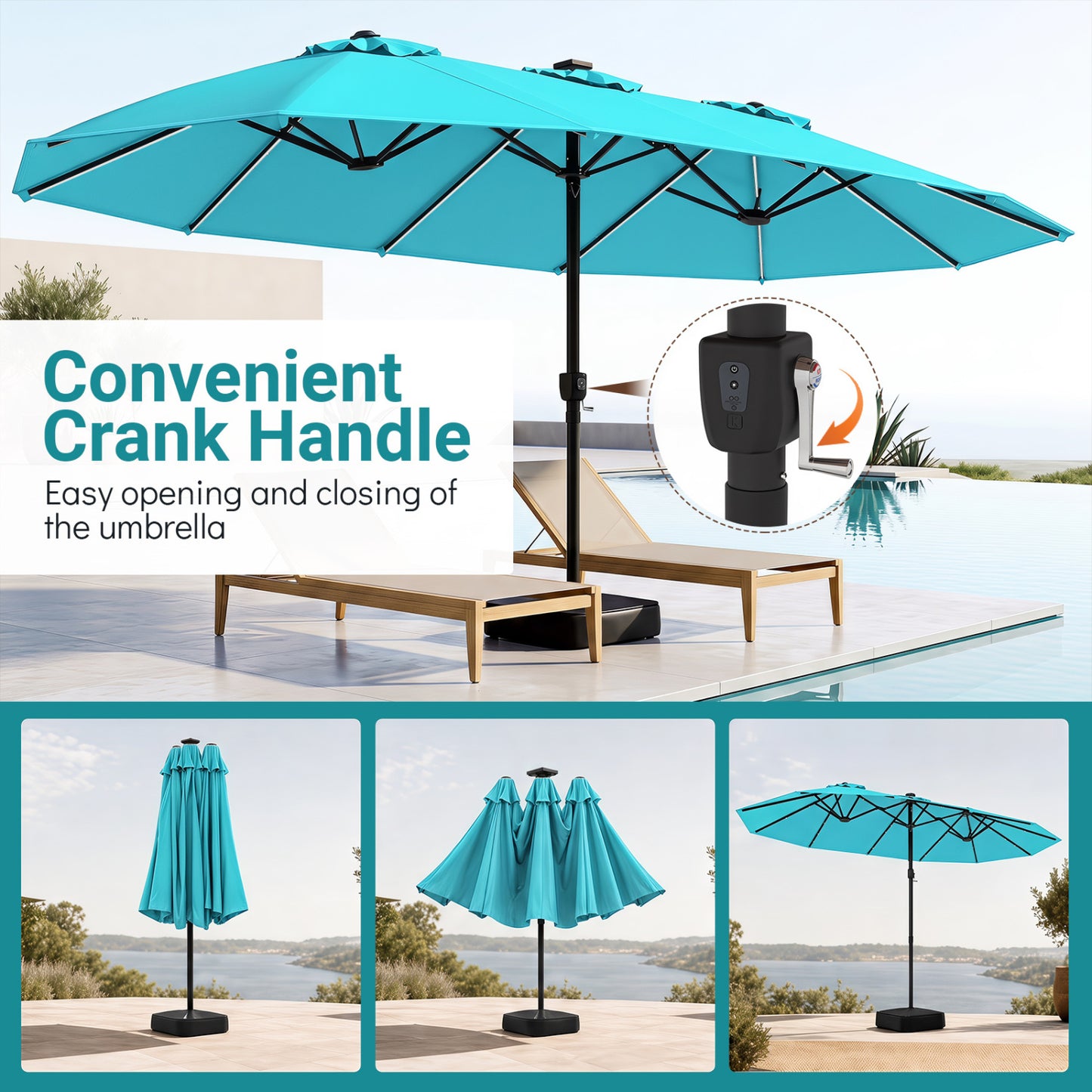 15.5FT Patio Umbrella With Base, 12 Ribs, Turquoise