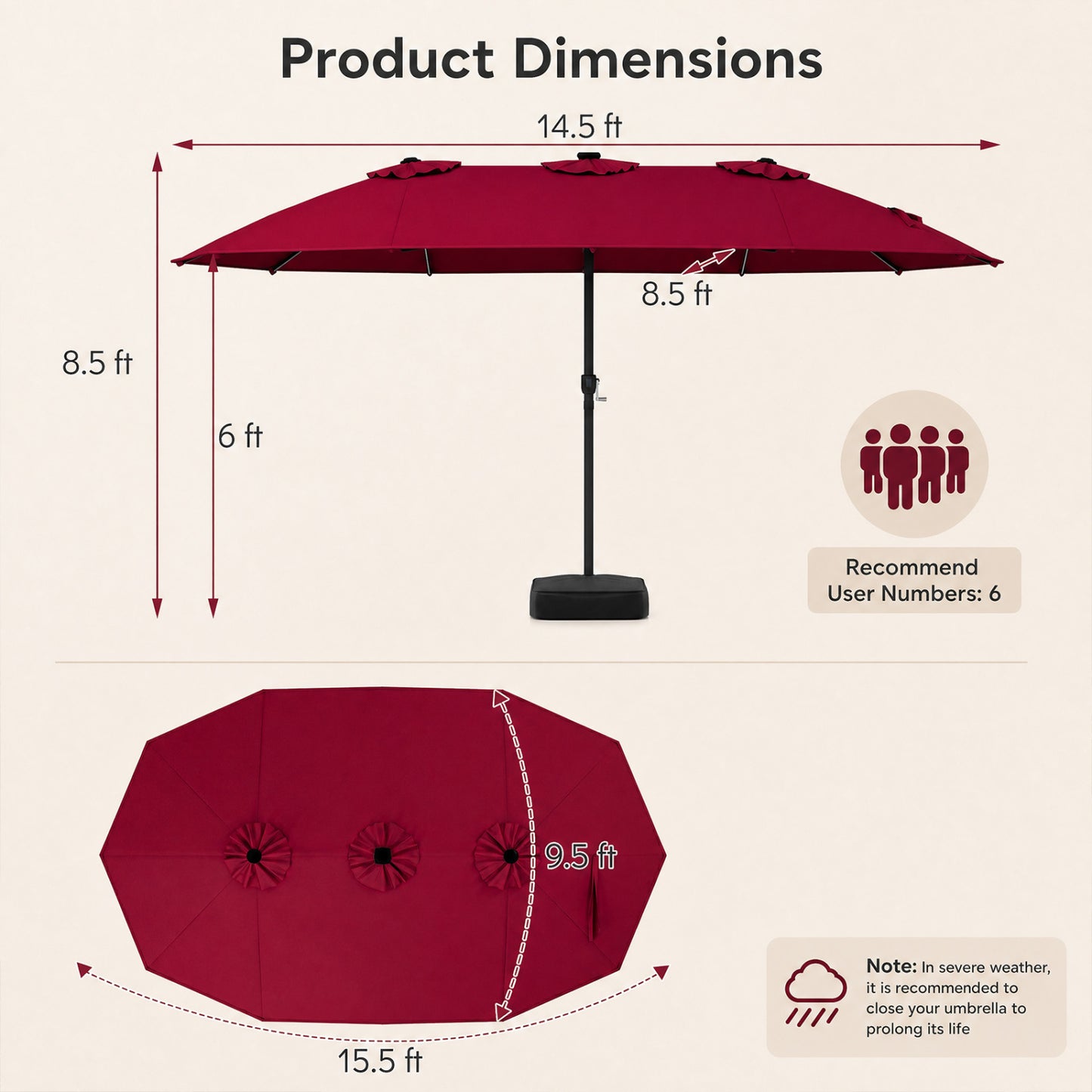 15.5FT Extra-Large Patio Umbrella With Base, Red