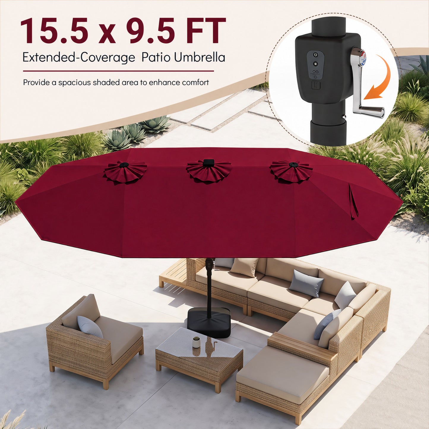 15.5FT Extra-Large Patio Umbrella With Base, Red