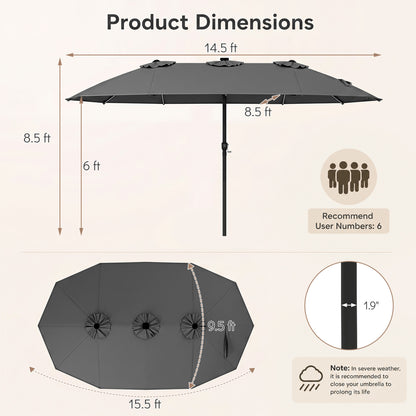 Parapluie de patio de 15,5 pi, 12 nervures métalliques, gris