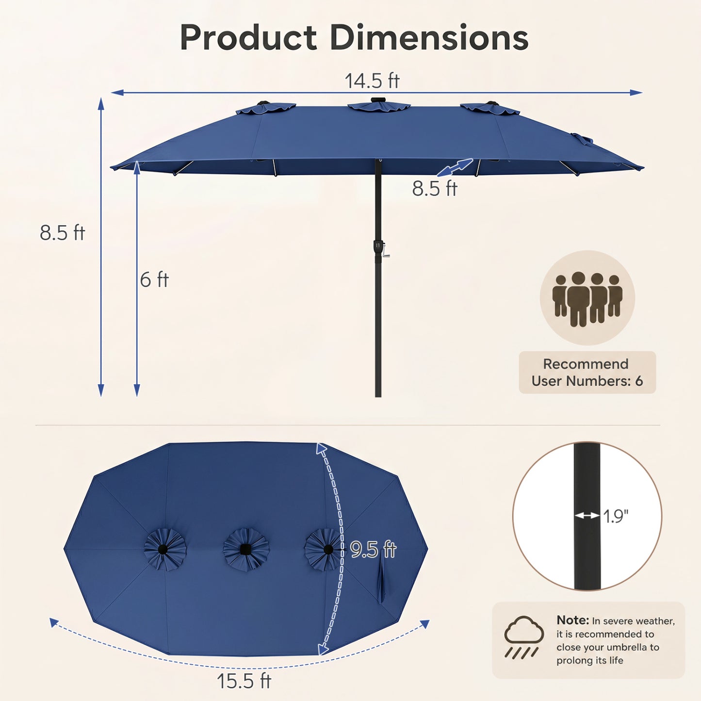 Parapluie de terrasse extra-large à 12 baleines, bleu