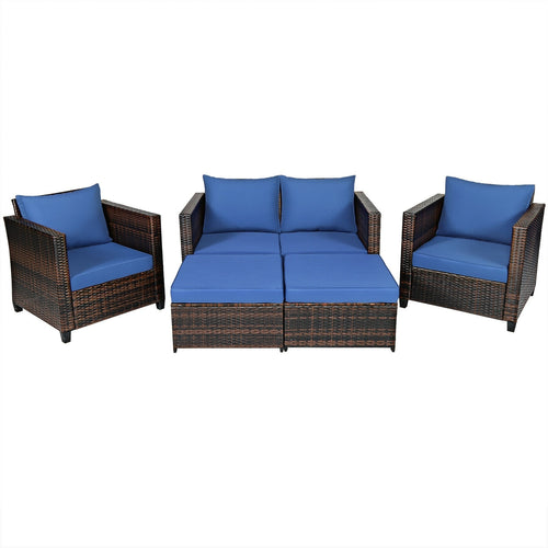 5 Piece Patio Cushioned Rattan Furniture Set, Navy
