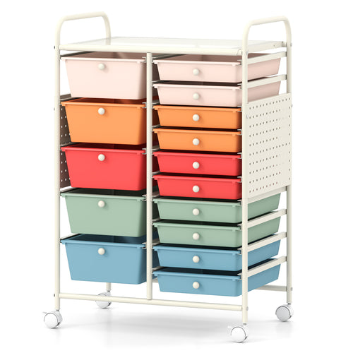 15-Drawer Rolling Storage Cart, Metal Tabletop, Pegboard, Macaron