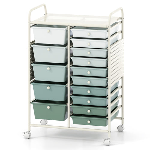 15-Drawer Rolling Storage Cart, Metal Tabletop, Pegboard, Green