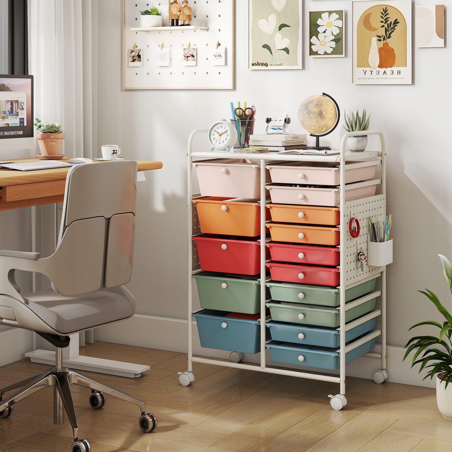 15-Drawer Rolling Storage Cart, Metal Tabletop, Pegboard, Macaron File Cabinets at Gallery Canada