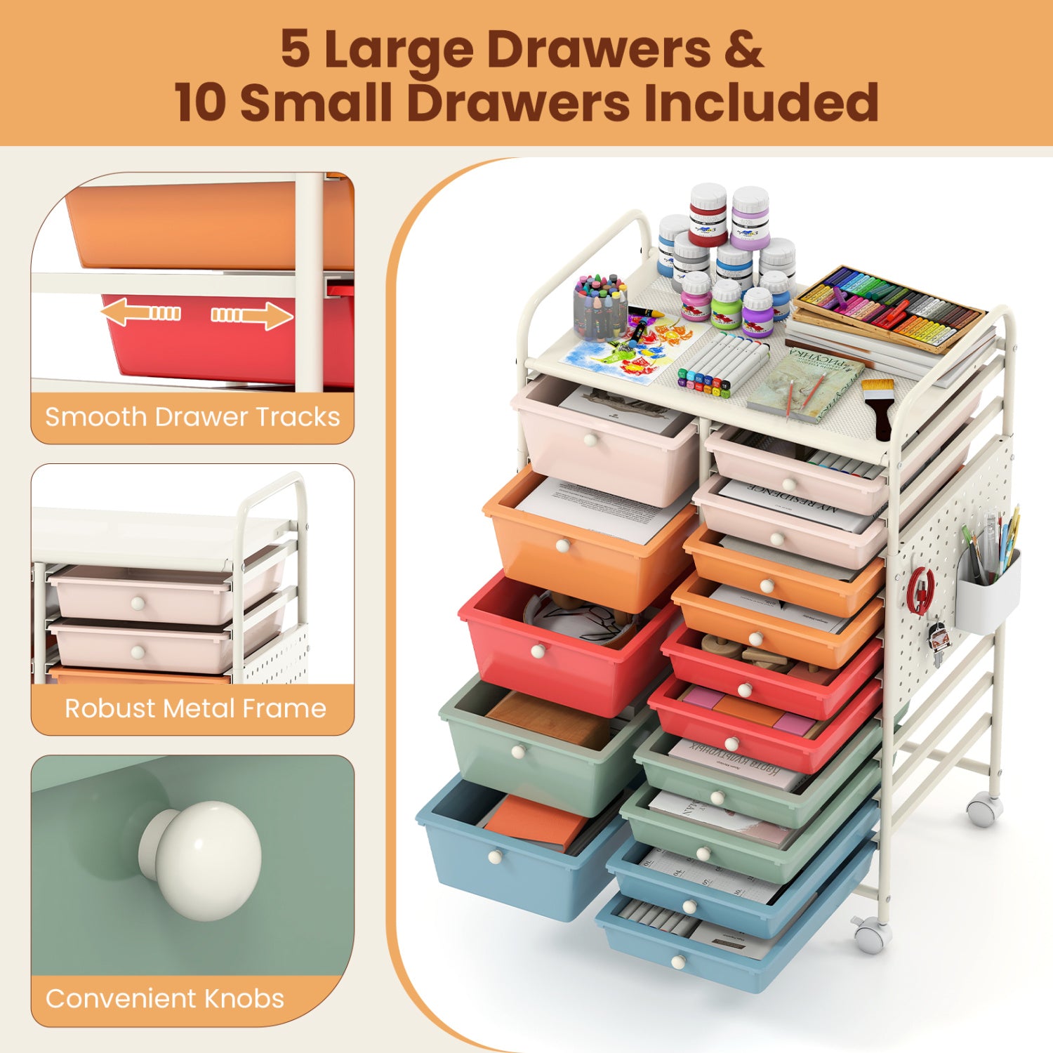 15-Drawer Rolling Storage Cart, Metal Tabletop, Pegboard, Macaron File Cabinets at Gallery Canada
