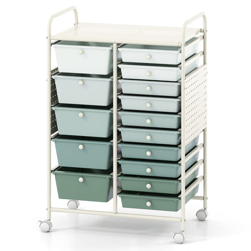 15-Drawer Rolling Storage Cart, Metal Tabletop, Pegboard, Green
