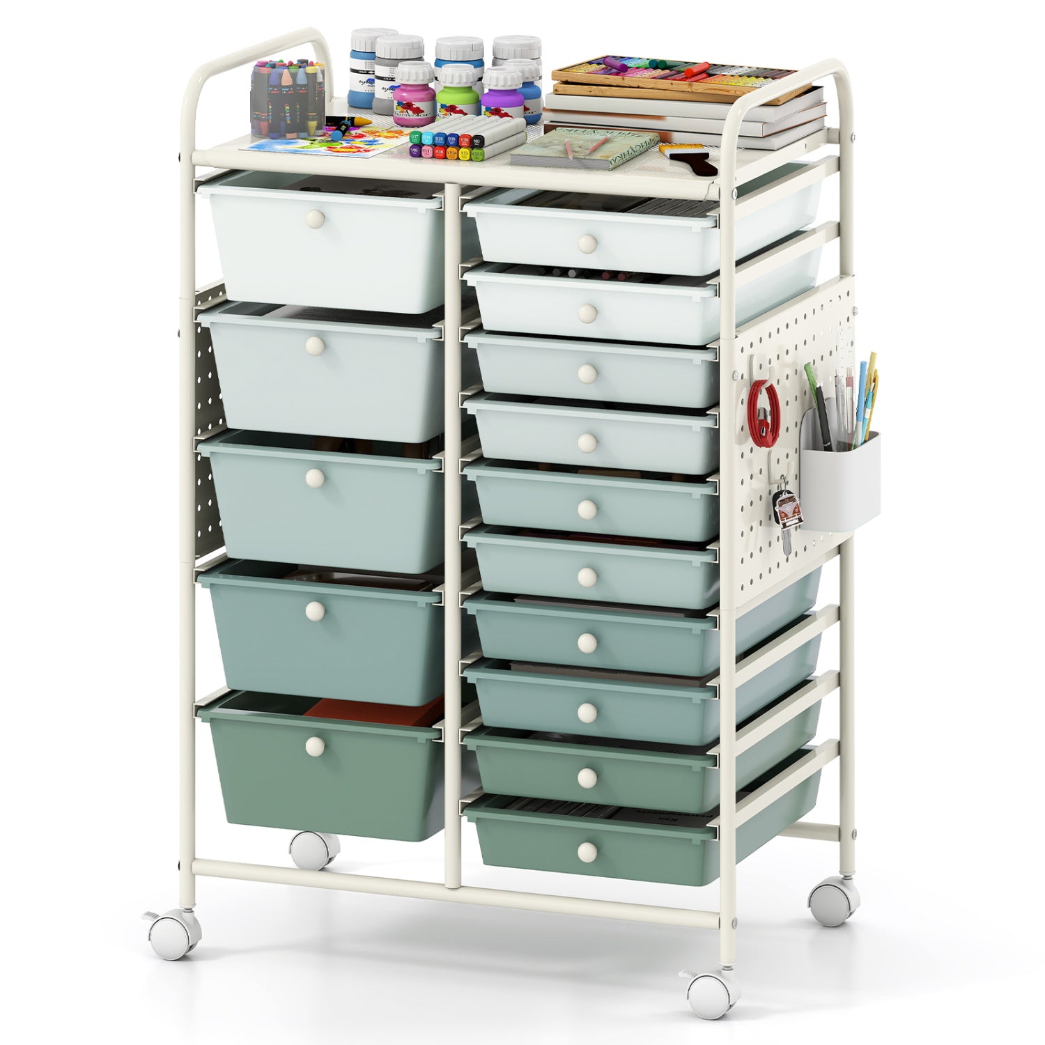 15-Drawer Rolling Storage Cart, Metal Tabletop, Pegboard, Green File Cabinets at Gallery Canada