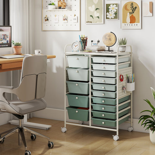 15-Drawer Rolling Storage Cart, Metal Tabletop, Pegboard, Green