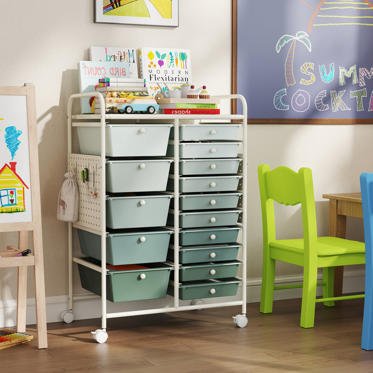 15-Drawer Rolling Storage Cart, Metal Tabletop, Pegboard, Green File Cabinets at Gallery Canada