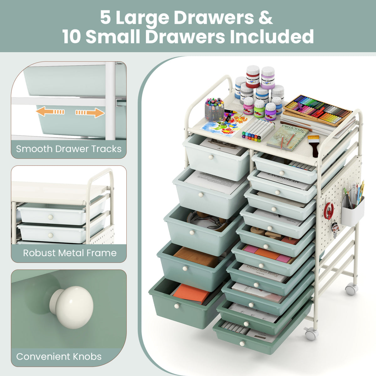 15-Drawer Rolling Storage Cart, Metal Tabletop, Pegboard, Green File Cabinets at Gallery Canada