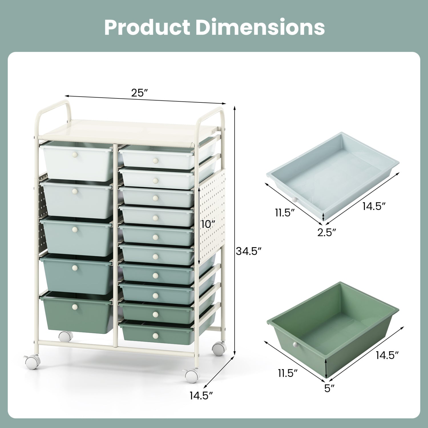 15-Drawer Rolling Storage Cart, Metal Tabletop, Pegboard, Green File Cabinets at Gallery Canada