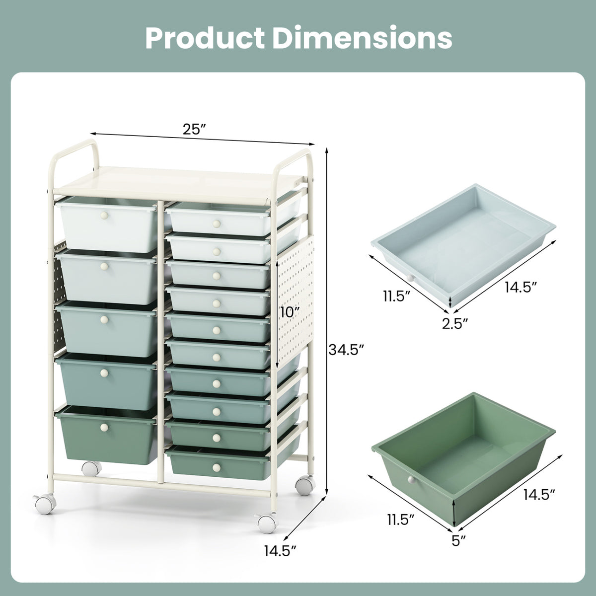 15-Drawer Rolling Storage Cart, Metal Tabletop, Pegboard, Green File Cabinets at Gallery Canada
