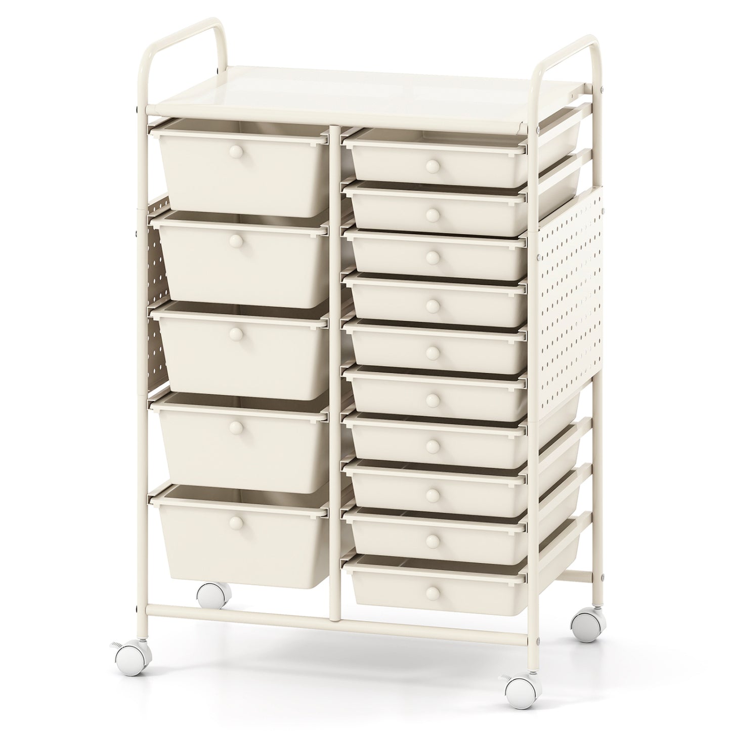 15-Drawer Rolling Storage Cart with Metal Tabletop and Pegboard, White File Cabinets White at Gallery Canada
