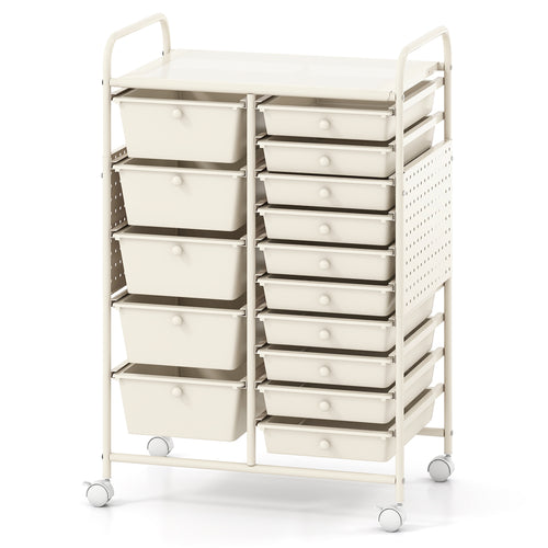 15-Drawer Rolling Storage Cart with Metal Tabletop and Pegboard, White