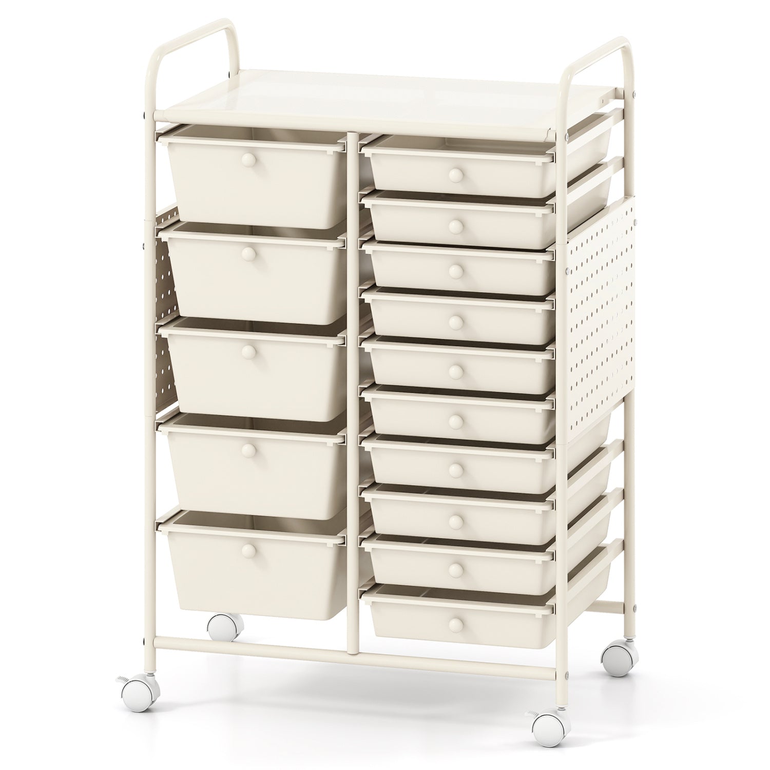 15-Drawer Rolling Storage Cart with Metal Tabletop and Pegboard, White File Cabinets at Gallery Canada