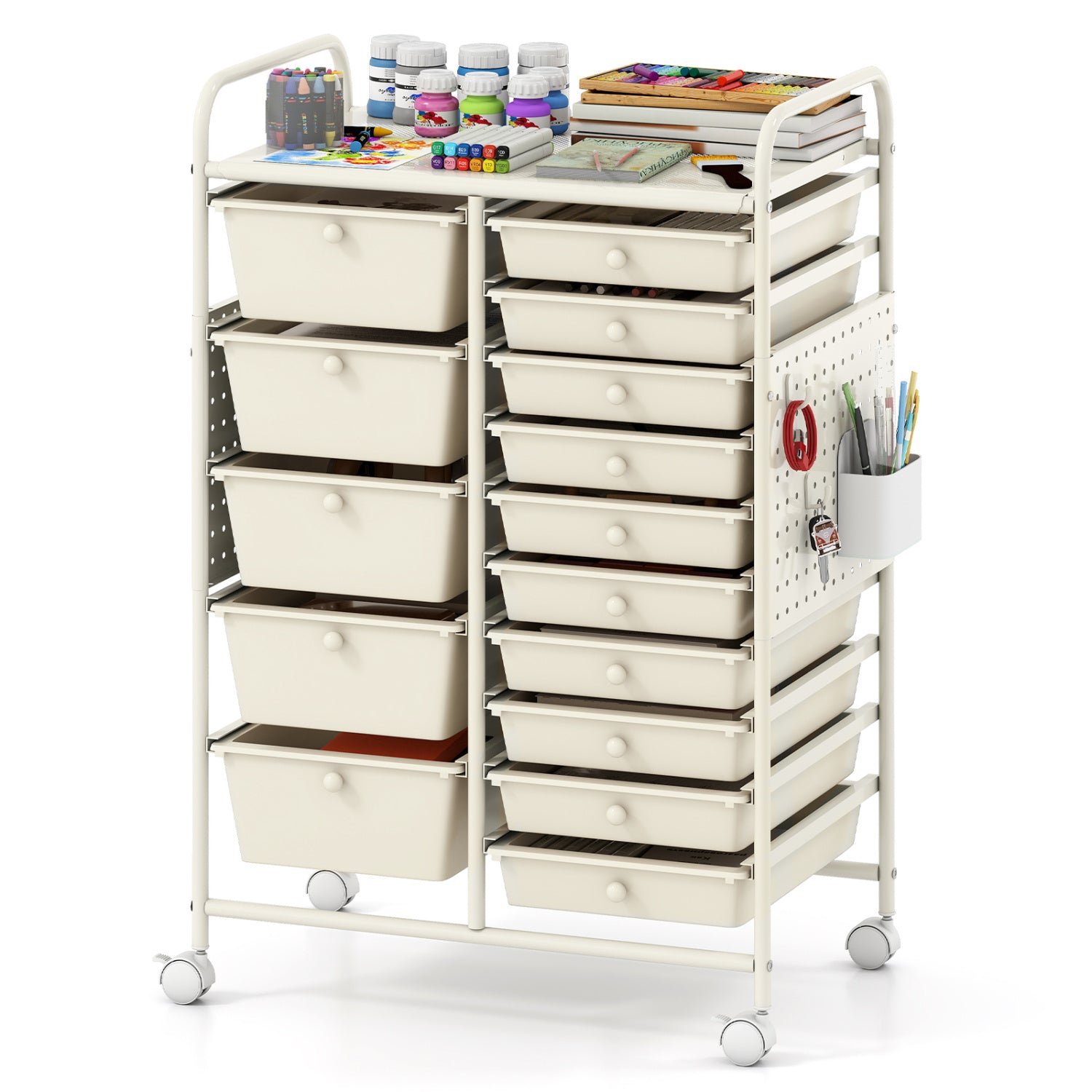 15-Drawer Rolling Storage Cart with Metal Tabletop and Pegboard, White File Cabinets at Gallery Canada