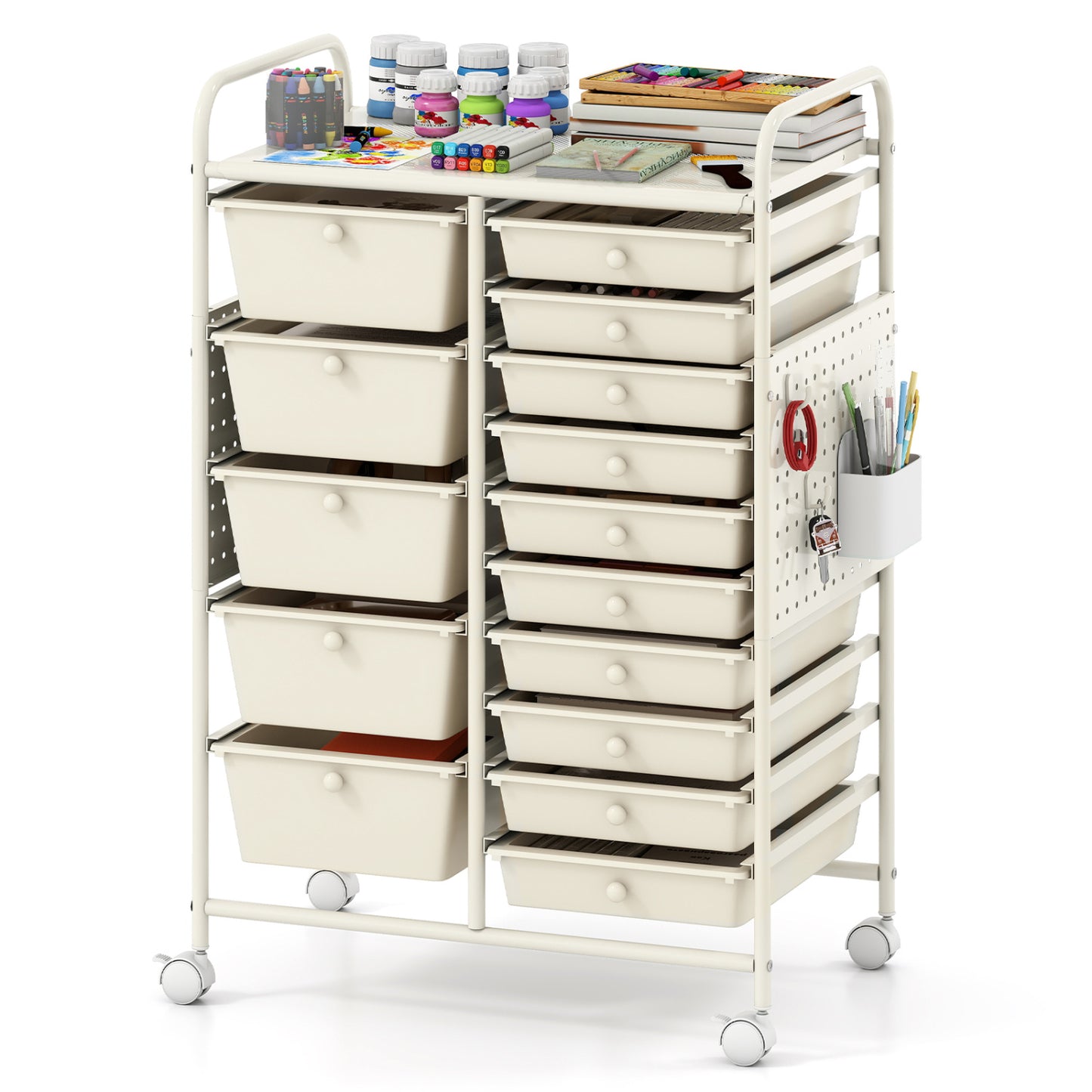 15-Drawer Rolling Storage Cart with Metal Tabletop and Pegboard, White File Cabinets at Gallery Canada