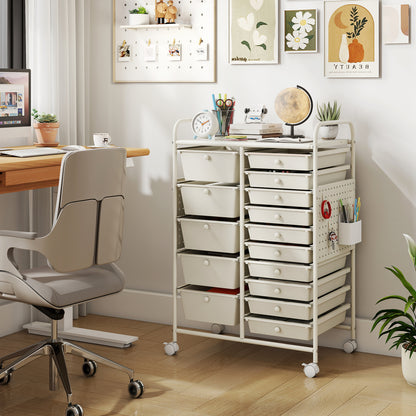 15-Drawer Rolling Storage Cart with Metal Tabletop and Pegboard, White File Cabinets at Gallery Canada