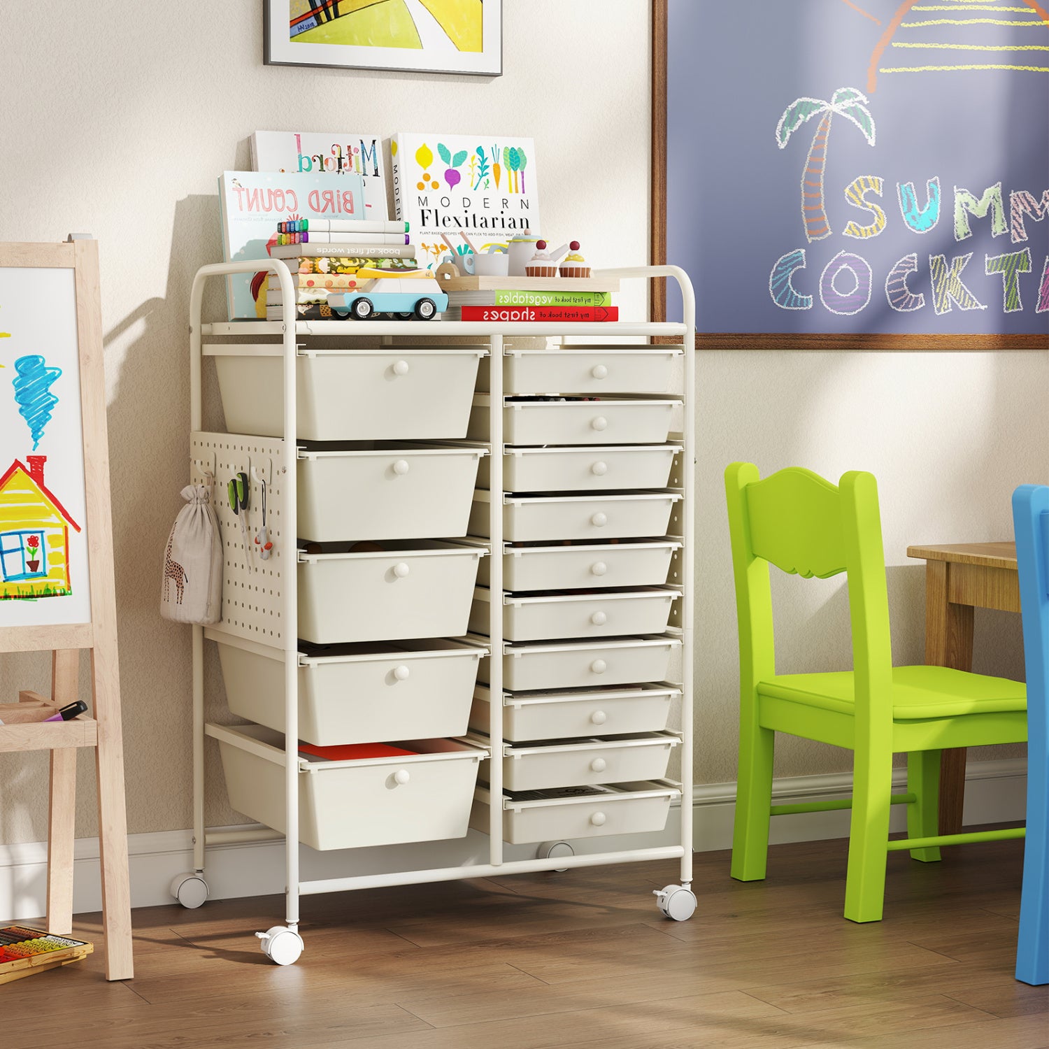 15-Drawer Rolling Storage Cart with Metal Tabletop and Pegboard, White File Cabinets at Gallery Canada