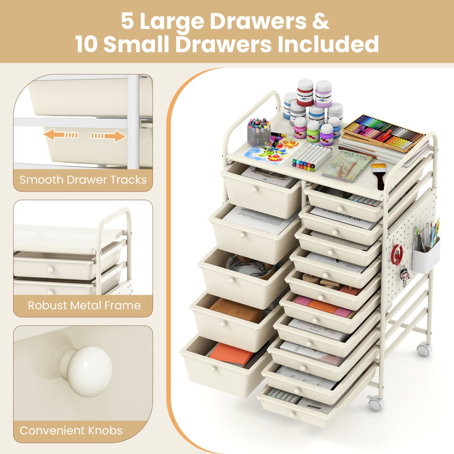 15-Drawer Rolling Storage Cart with Metal Tabletop and Pegboard, White File Cabinets at Gallery Canada