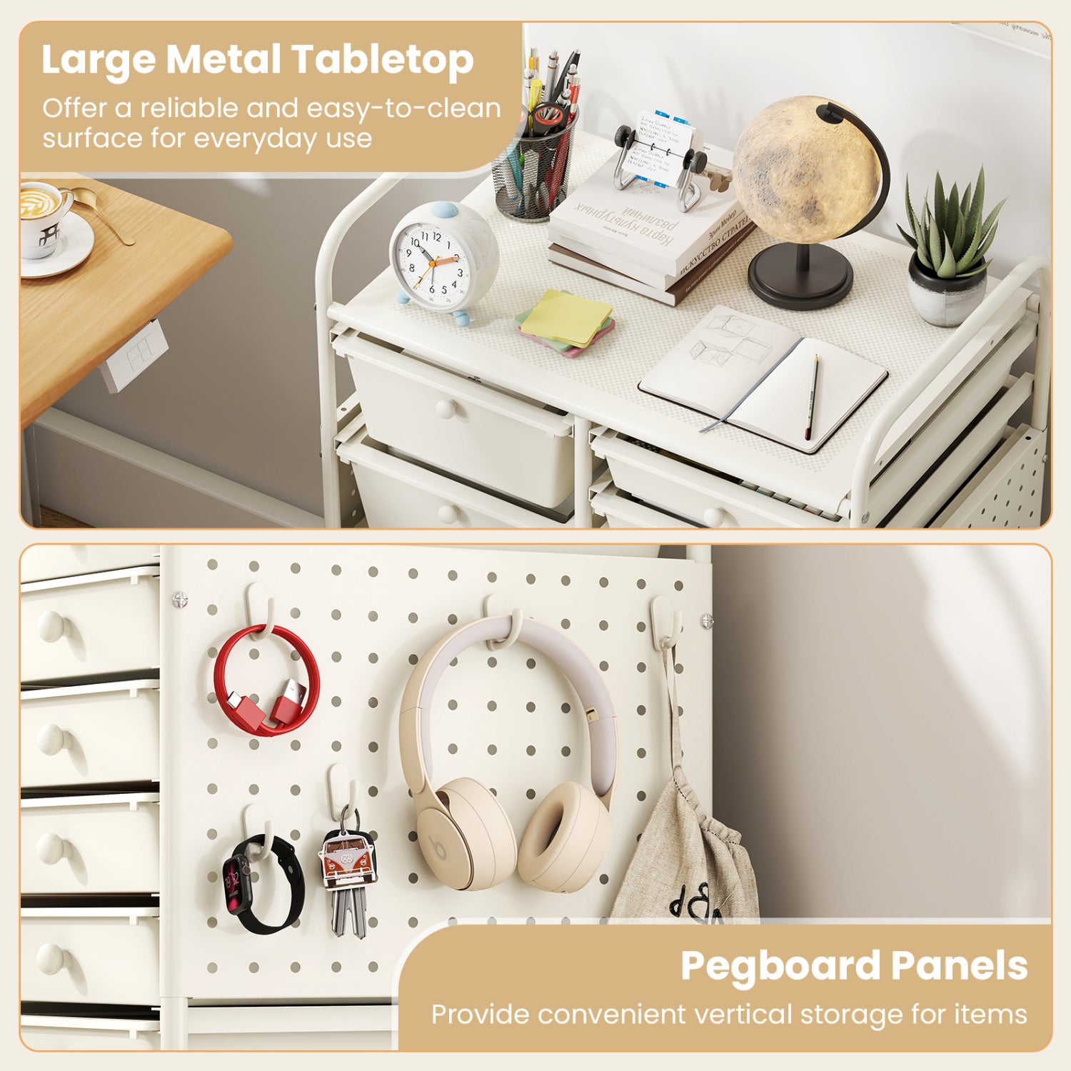 15-Drawer Rolling Storage Cart with Metal Tabletop and Pegboard, White File Cabinets at Gallery Canada