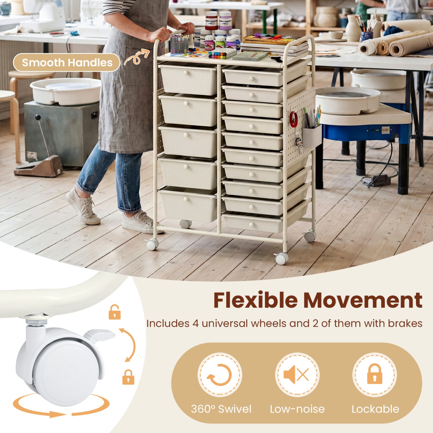 15-Drawer Rolling Storage Cart with Metal Tabletop and Pegboard, White File Cabinets at Gallery Canada