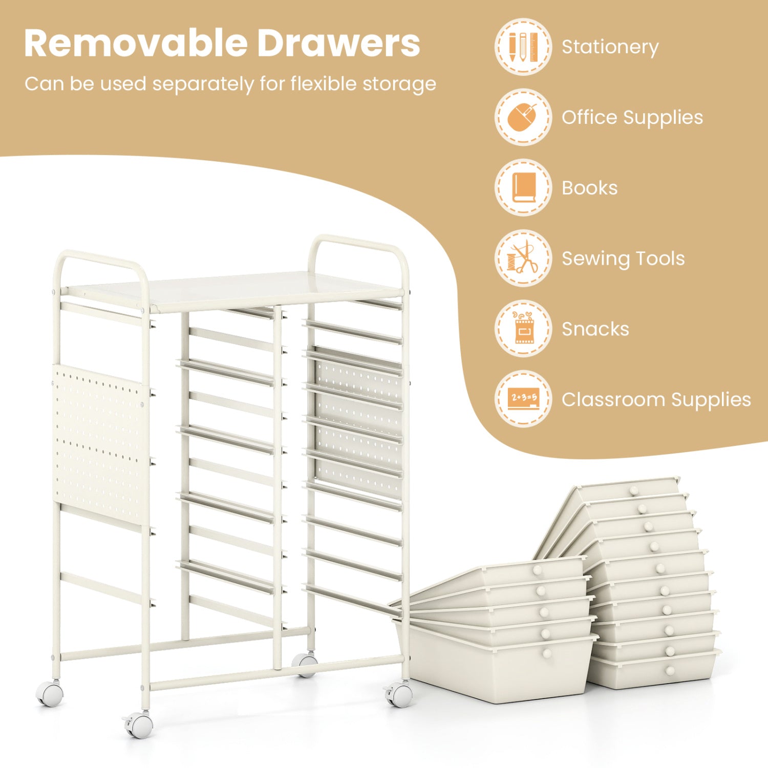 15-Drawer Rolling Storage Cart with Metal Tabletop and Pegboard, White File Cabinets at Gallery Canada